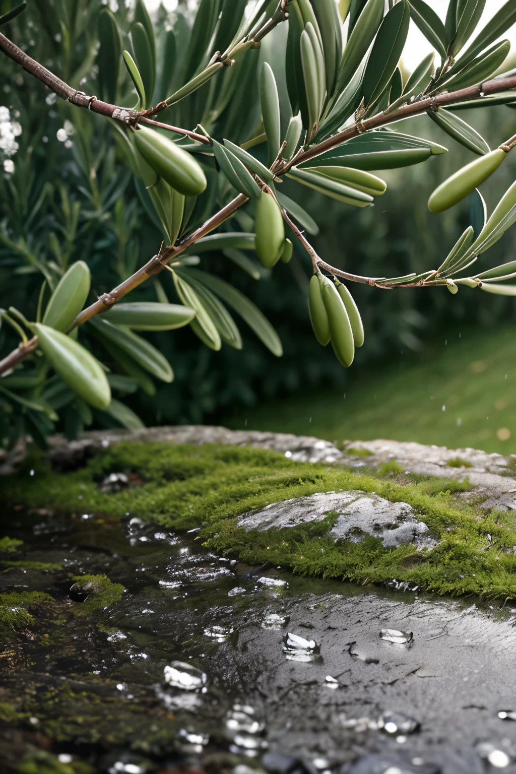 Raindrops falling on lush green leaves, creating a glistening effect, without character, happening in alps, an olive tree present on the scene