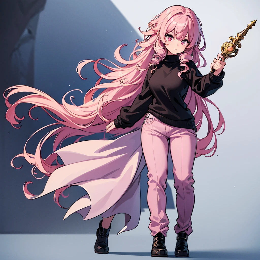 (Full body character concept)、Best illustrations、Best Quality、(Solo)、(The same face:1.1),(One girl、23 years old),Dynamic pose,Medieval Fantasy,accessories,Magic wand,(White Background)、(Pink Hair、Medium Hair、Curly hair)、(Black sweater、pants)