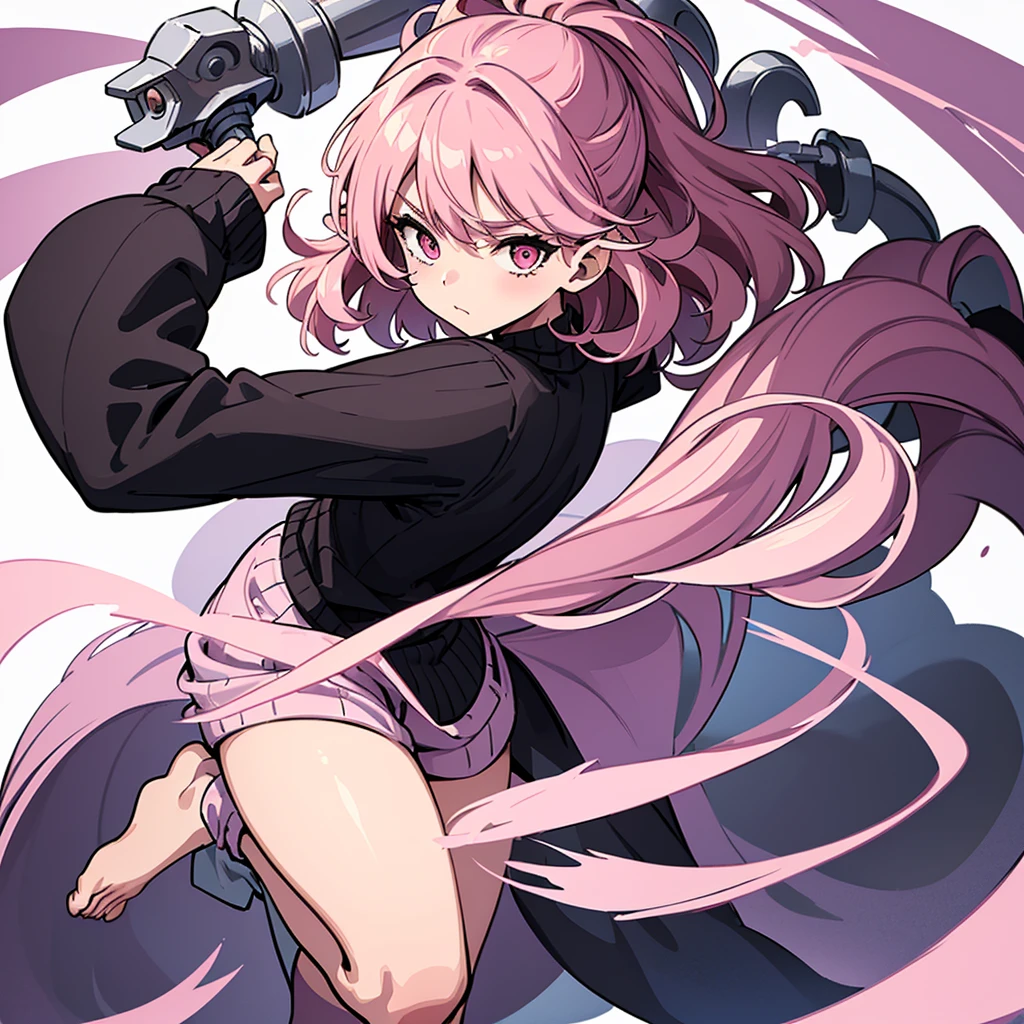 (Full body character concept)、Best illustrations、Best Quality、(Solo)、(The same face:1.1),(One girl、23 years old),Dynamic pose,Medieval Fantasy,accessories,Magic wand,(White Background)、(Pink Hair、Medium Hair、Curly hair)、(Black sweater、pants)
