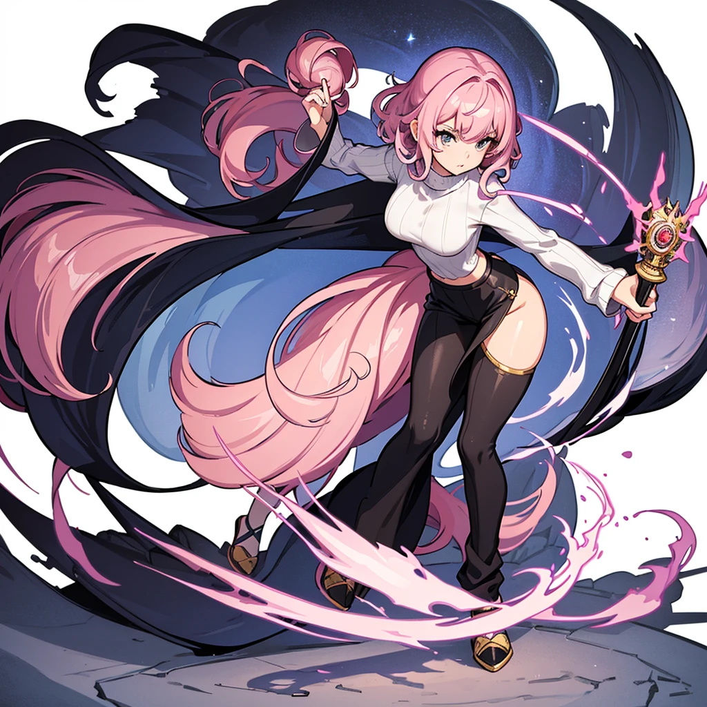 (Full body character concept)、Best illustrations、Best Quality、(Solo)、(The same face:1.1),(One girl、23 years old),Dynamic pose,Medieval Fantasy,accessories,Magic wand,(White Background)、(Pink Hair、Medium Hair、Curly hair)、(Black sweater、pants)