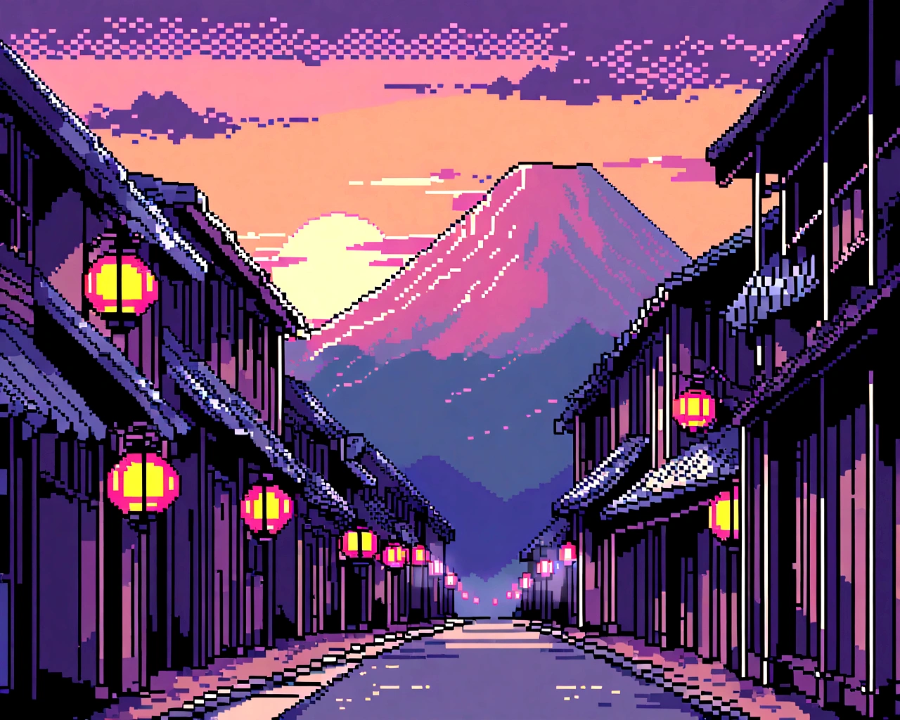 pixel art. Main composition is a Japanese old street without people ,background can see mountain and could but not too much, that time can see sunset. decrease some lantern and made pixel more refined, cool colors