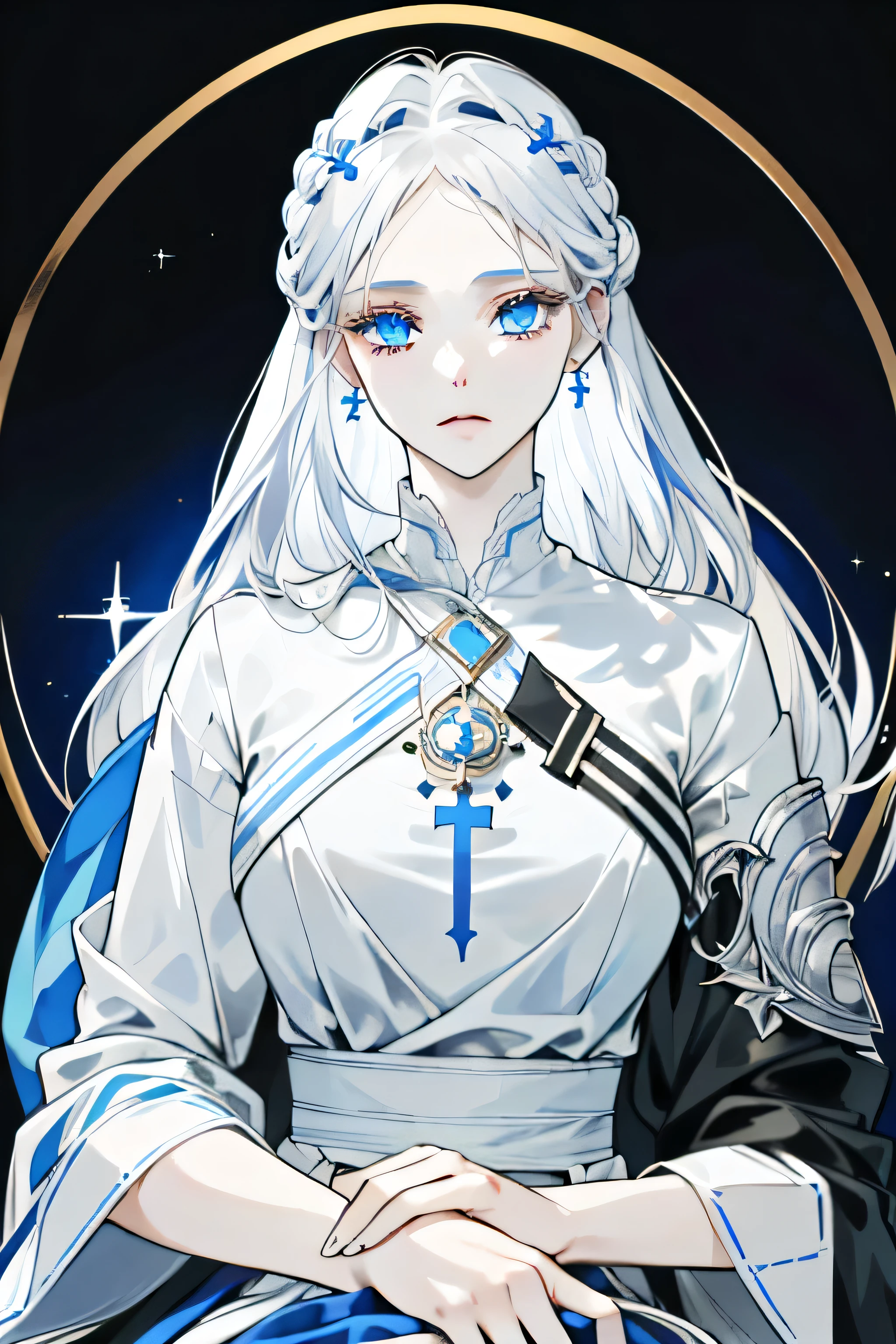 1girl, serene, sitting, (long, silver hair:1), pale skin, ((piercing blue eyes)), ((glowing_eyes)), (((ultra detailed eyes:0.7, belleza y detallada cara, detalles ojos:0.9))), ((centered)), (close-up), facing viewer, (((temple, calma, luces celestes:0.9))), voluptuous breasts, hands in lap, ((deeply focused eyes)), ((perfect hands)), (((head:1, upper body in view, elbows, knees, in view))), ((cross-legged)), luminous eyes, stunning lighting, enclosed space, ((defined subject)), 28 years old, ((thoughtful expression)), (((warm))), ((meditative)), (((high contrast)))