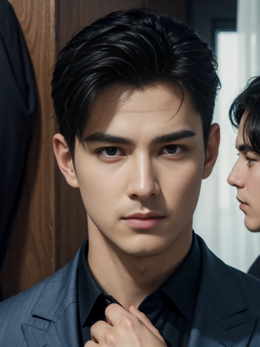((masterpiece)),((best quality)),8K,high detail,Very detailed, Very manly,3 men, like,fashion pose, Realistic skin texture, Light,
Royal blue style couple,Perfect hand details