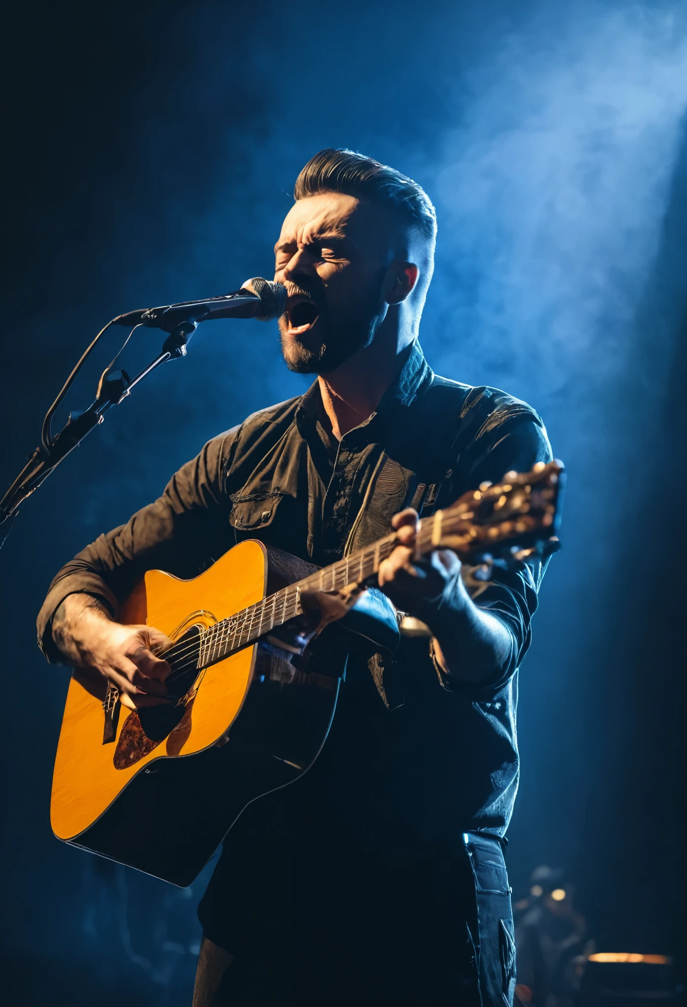 A brutal man with an acoustic guitar sings on stage