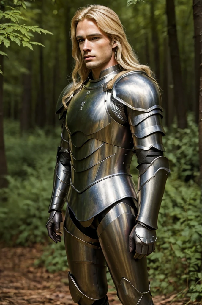 best quality, 8k, very delicate and beautiful, highly detailed face and skin texture, shiny skin, high resolution, blond long hair man in armor stand at forest, full body, sharp focus