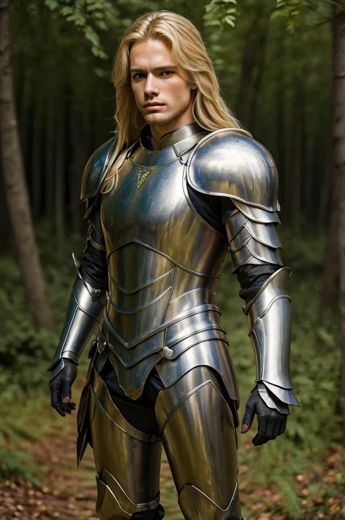 best quality, 8k, very delicate and beautiful, highly detailed face and skin texture, shiny skin, high resolution, blond long hair man in armor stand at forest, full body, sharp focus