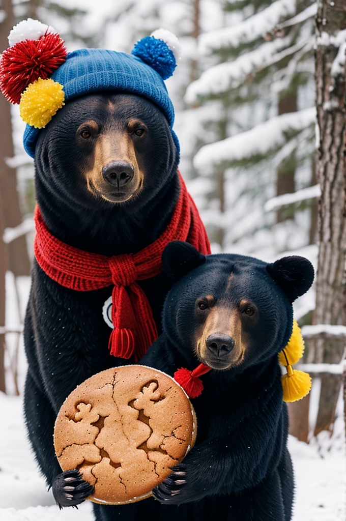 A black bear with red eyes with a blue hat on the right ear with a yellow pompom and a blue scarf with a white gingerbread cookie that looks like a cartoon