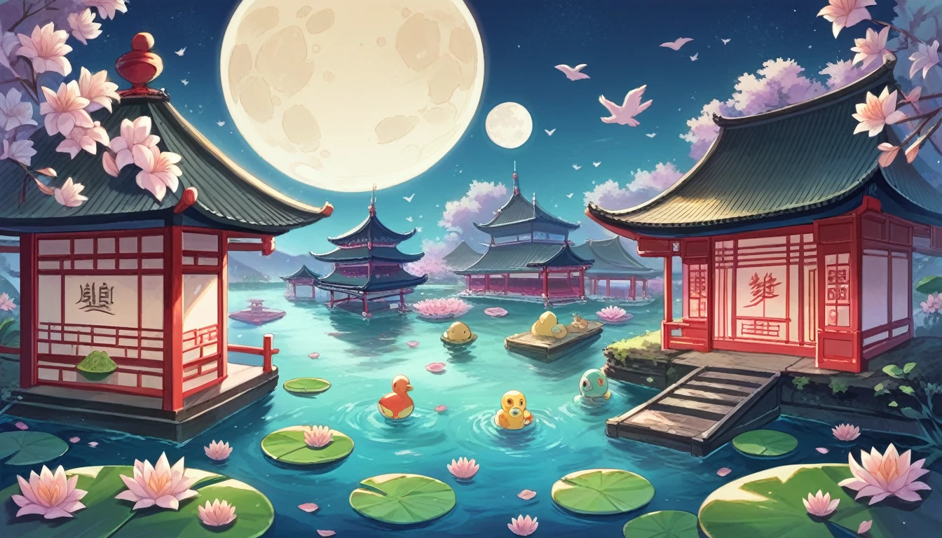 masterpiece,best quality,guochao\(style\), moon, bird, flower, full moon, water, east asian architecture, scenery, architecture, lotus, night, 1girl, lily pad, sky, building