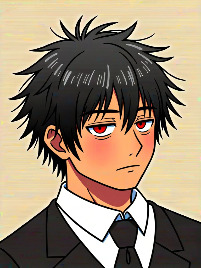 1boy, solo, ((brown skin color)), black hair, ((messy fringe hairstyle)), red eyes, black suit, tired eyes, eye bags, 16 years old, masterpiece, best quality, high quality, upper body, male focus, eye bags