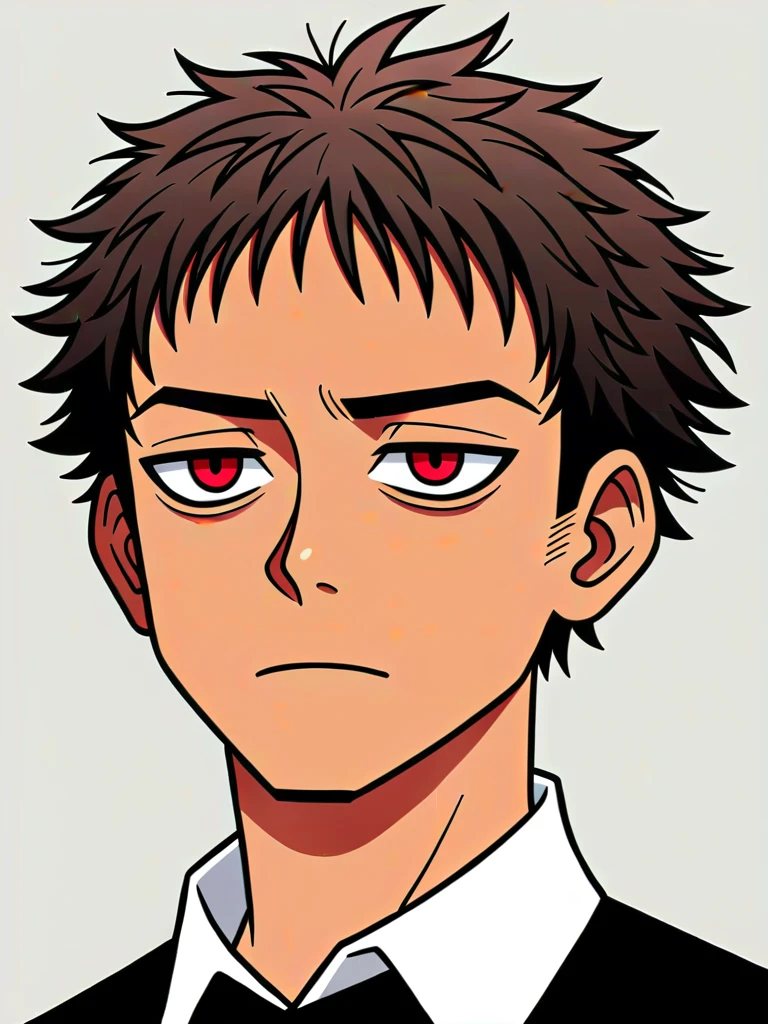 1boy, solo, ((brown skin color)), black hair, ((messy fringe hairstyle)), red eyes, black suit, tired eyes, eye bags, 16 years old, masterpiece, best quality, high quality, upper body, male focus, eye bags