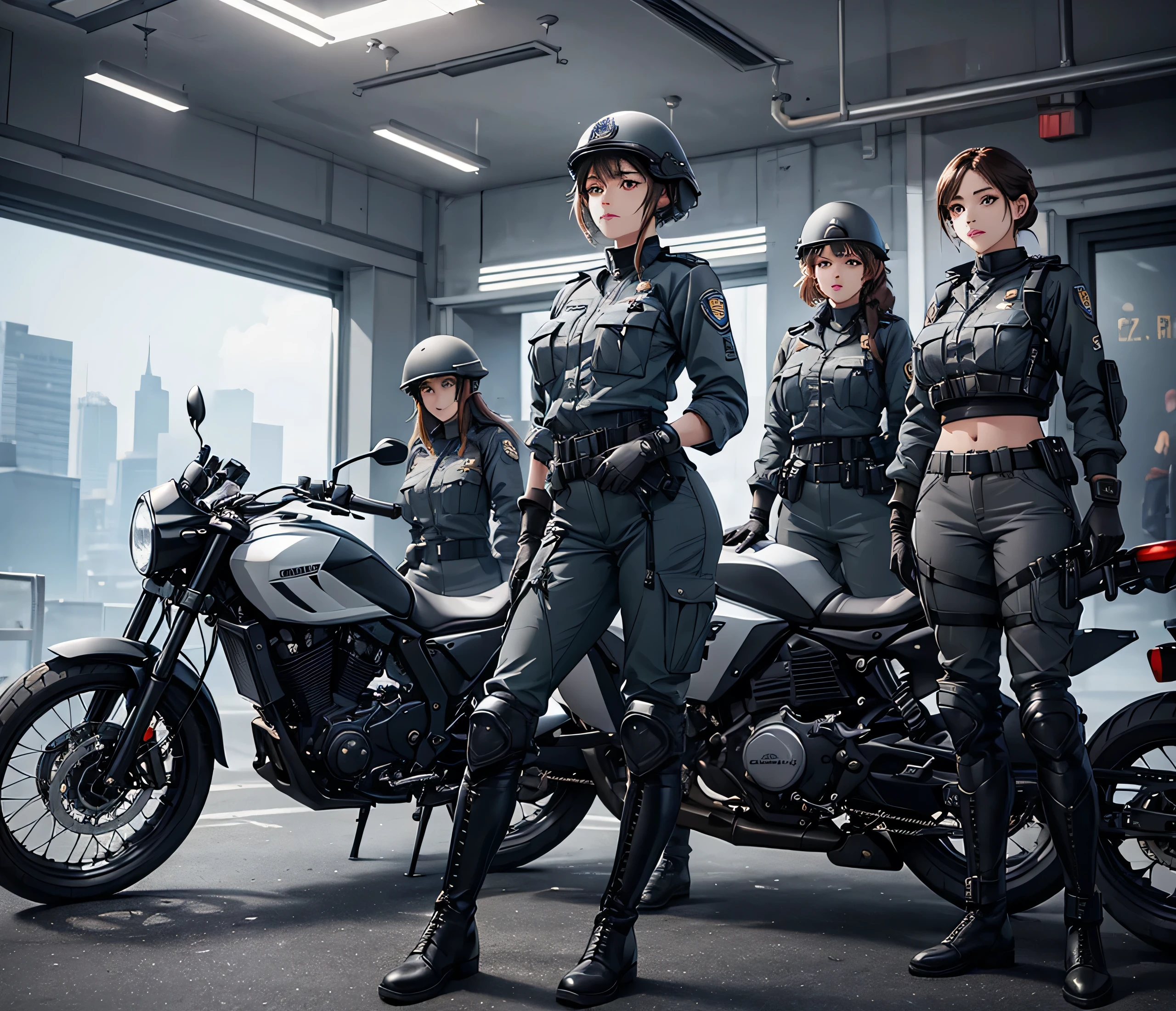 A group of women in gray police uniforms、All wear helmets、Standing side by side、Military Pants、Riding boots、Gloves、Write details、masterpiece、best quality、Highly detailed CG、8K picture quality