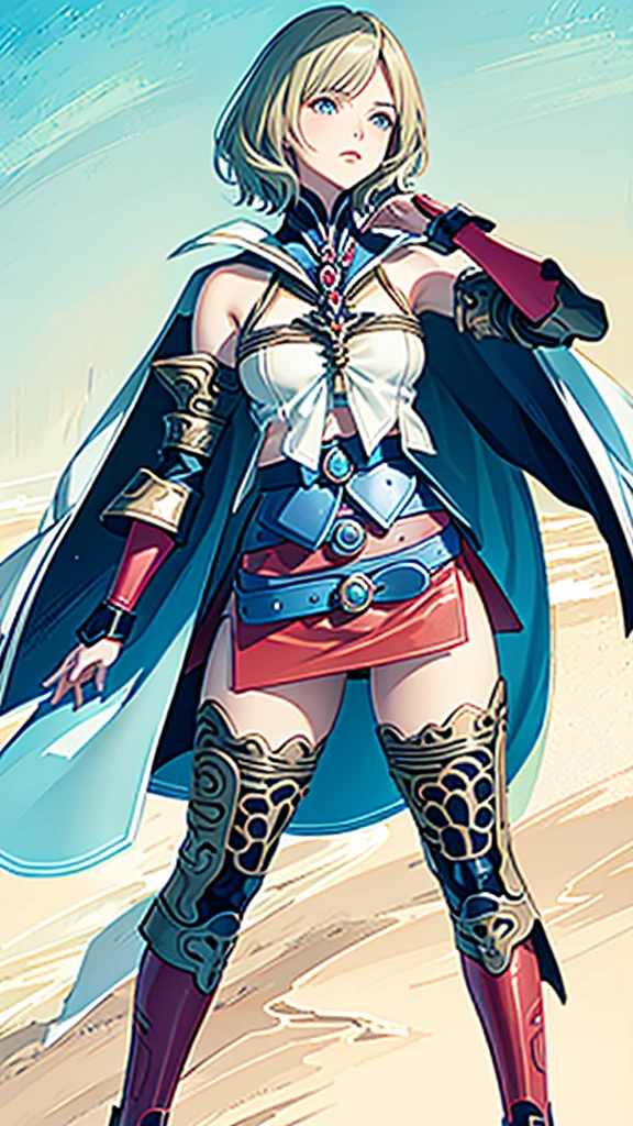 appearance々Facial expressions, (masutepiece, of the highest quality, Official art, Beautiful and aesthetic:1.2), ighly detailed, Colorful, highest details, Illustrations, Everyday scenery, 1girl in, Solo, (Final Fantasy 12, Ashelia, shorth hair, short-hair, Ashelia Costume, Red mini skirt, thighs thighs thighs thighs, Knee socks that cover up to the shin, jewely, Blue belt, Number on one of the belts), is standing, Medieval fantasy, cowboy shot, move chart, anime, Best Quality