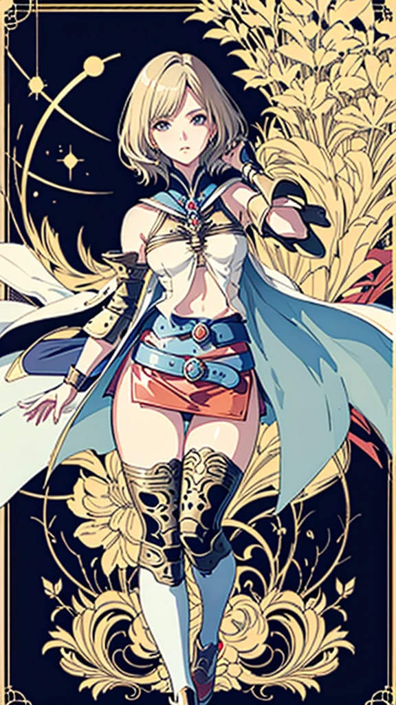 appearance々Facial expressions, (masutepiece, of the highest quality, Official art, Beautiful and aesthetic:1.2), ighly detailed, Colorful, highest details, Illustrations, Everyday scenery, 1girl in, Solo, (Final Fantasy 12, Ashelia, shorth hair, short-hair, Ashelia Costume, Red mini skirt, thighs thighs thighs thighs, Knee socks that cover up to the shin, jewely, Blue belt, Number on one of the belts), is standing, Medieval fantasy, cowboy shot, move chart, anime, Best Quality