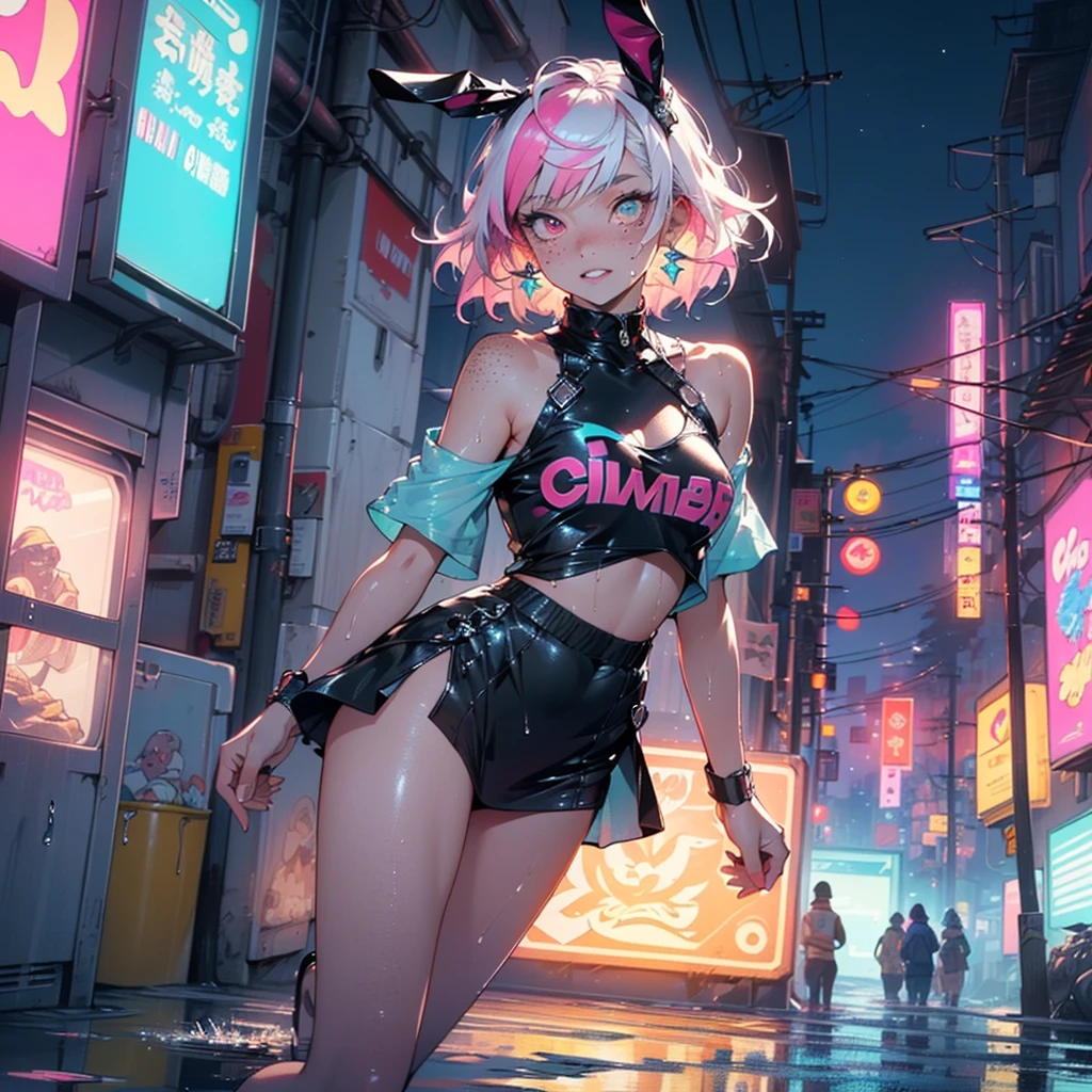 cute little bunny ,(((little ,small tiny body,, chibi))),((())),((little bunny with extremely cute and beautiful fuchsia hair)),(((bunny girl,anthro furry cute,bunny-girl))),(((bunny ears,bunny ears on head,big bunny ears))),
(((flat chest))),(((fuchsia hair:1.35,short fuchsia hair,colored inner hair,ear breathing,))),((heterochromia:1.5, (pink_eye and red_eye))),intricate eyes,beautiful detailed eyes,symmetrical eyes,big eyes:1.5,(((freckles on the face,freckles,freckled girl))),(((lustrous skin:1.5,bright skin: 1.5,skin tanned,shiny skin,very shiny skin,shiny body,plastic glitter skin,exaggerated shiny skin,illuminated skin,wet legs))),(detailed body,(detailed face)),
cute,slutty,erotic,(((nsfw))),
zettai ryouiki,revealing clothing,show skin,((rave shirt,neon colored shirt,rave mini-skirt,visible thong straps)),((underpants strap)),(wearing a rave outfit:1.3,rave clothes,semi-naked,with little clothing),((wet clothes,intricate outfit,intricate clothes)),
(dynamic pose:1.0),solo focus,embarrassed,(centered,scale to fit dimensions,Rule of thirds),
cyberpunk city by the ocean at night, with bright neon signs and dark stormy clouds and puddles, scenery:1.25,nighttime, starry night, cosmos,Very dark night that makes the neon lights stand out, very bright neon lights,nighttime, starry night, cosmos,
artistic photography,(photography taken by sldr),highres, sharp focus, (ultra detailed, extremely detailed), (photorealistic artwork:1.37),(extremely detailed CG unity 8k wallpaper),((synthwave background theme)),(((vibrant colors))),(intricate background),(masterpiece),(best quality)