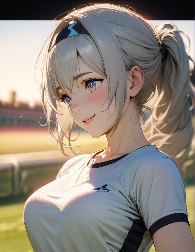 beautiful girl, long grey hair, tying her hair into ponytail, beautiful face,smiling,close up to hips, beautiful breast, warming up for jogging on field, illustration,detailed textures(realists),ultra-detailed,portrait style,vivid colors,soft lighting, blushing, mature, hair fluttering, evening light , head band, ((half body)), wearing simple workout shirts with sport bra, perky. ((side profile until hips)), very shy