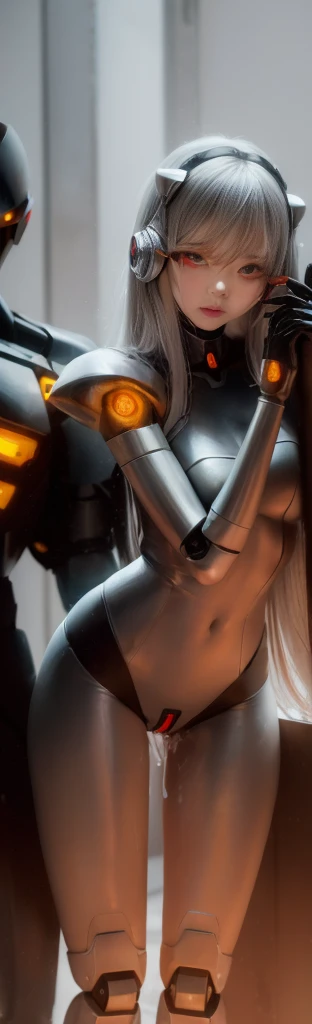 female robot, skin part is only face, silver metal skin, full metal robot body, mechanical parts, electronic wire, cum in pussy, high quality, medium breasts, long hair, tall, thigh gap, full body metal skin, wet, cum in pussy, metallic tits, separated breast, under repair, anatomical body