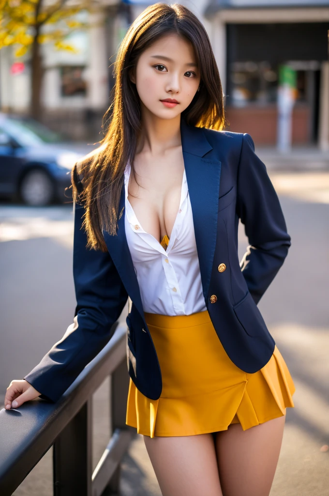 a 16 year old girl, she is the most beautiful actress in the world, the perfect body proportions of this girl, the blazer is tightly closing on the formal shirt which is worn on her large breasts, her crotch area of the panties are hardly hidden by the short skirt, her bare legs, it's just the front of her body, she is standing straight at the street, nsfw, best quality, highly detailed, masterpiece, ultra high res, photo realistic, 8k, RAW photo