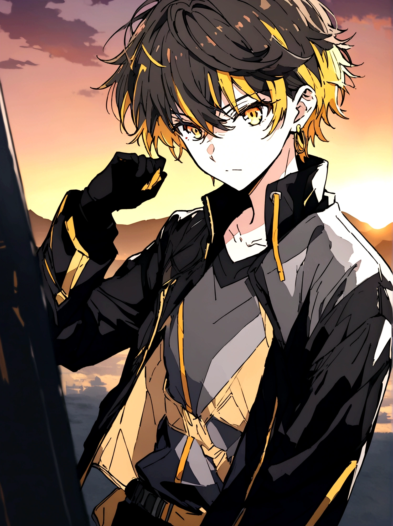 Anime male, gold eyes, gold  yellow hair, golden earrings, black shirt, black tech jacket, black pants, best quality, cool, sunset