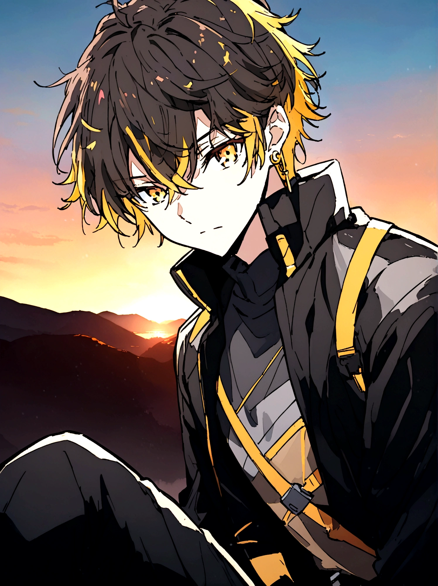 Anime male, gold eyes, gold  yellow hair, golden earrings, black shirt, black tech jacket, black pants, best quality, cool, sunset