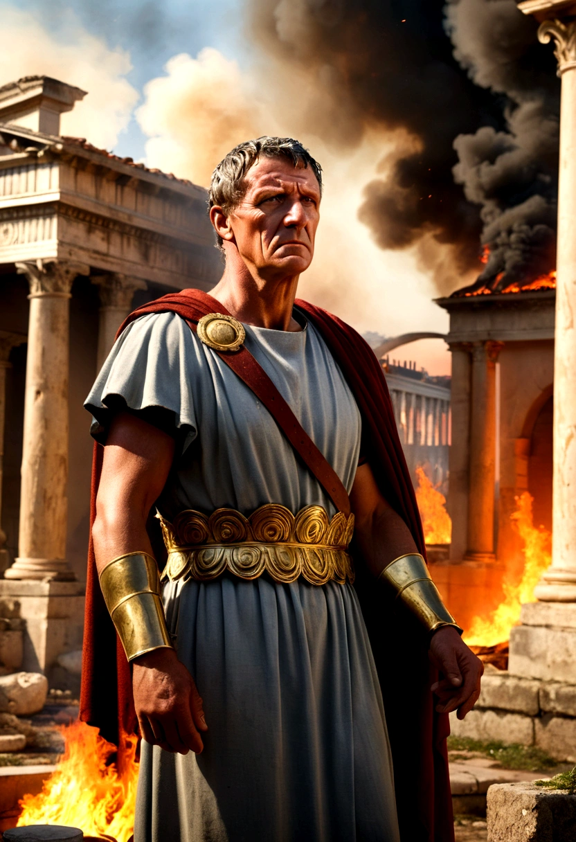 "A detailed image of a distressed Roman homeowner in ancient Roman attire, watching helplessly as their property burns in the background. Flames and smoke rise from the building, showing the destruction. Marcus Crassus, wearing a laurel wreath and Roman attire, stands nearby with a stern expression. The scene captures the despair of the homeowner, with the burning Roman architecture in the background."
Size: "1024x1024"