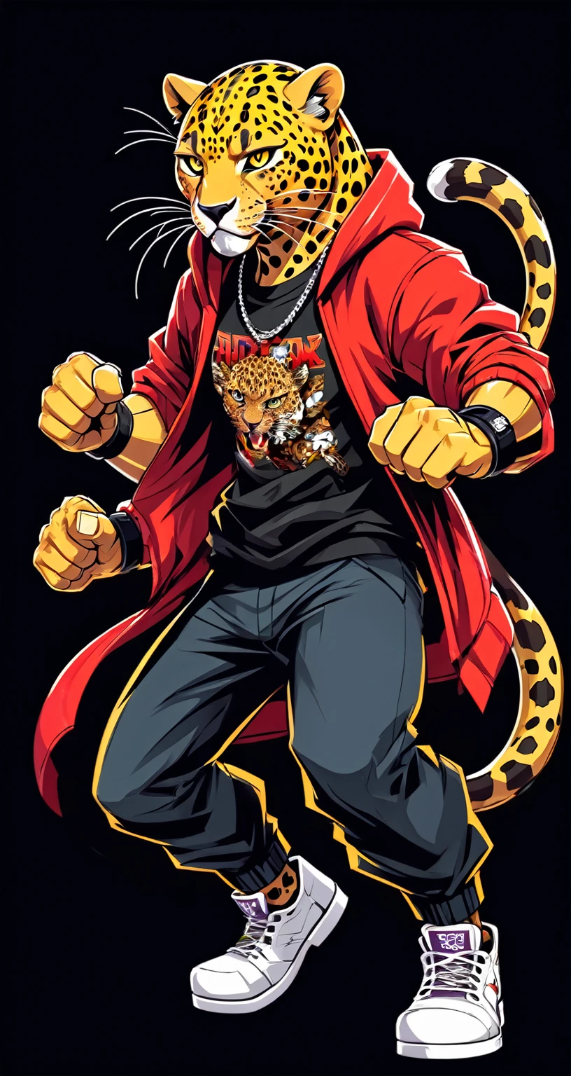 Leopard style fighting game, Hip-Hop Style, t shirt design, flat-colors, vectorial art, ((black backdrop)) . dynamic, Vibrant, full of action, detailed character design, reminiscent of fighting video games