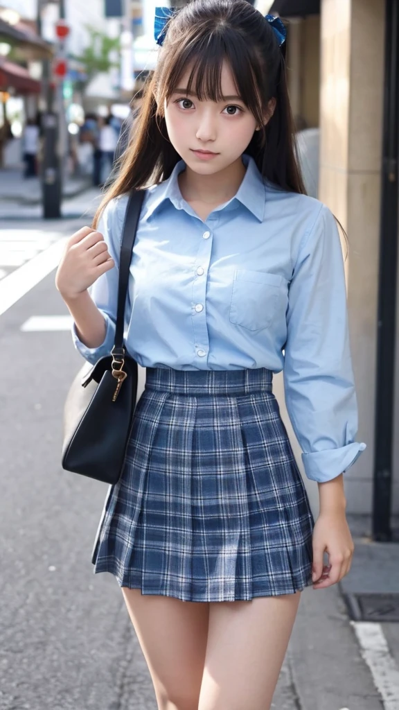 Japanese 18 year old high school girl、Light blue shirt、Black and russet checked mini skirt、