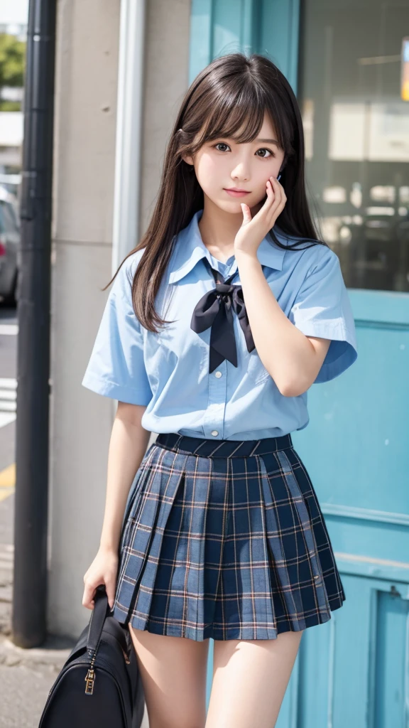 Japanese 18 year old high school girl、Light blue shirt、Black and russet checked mini skirt、