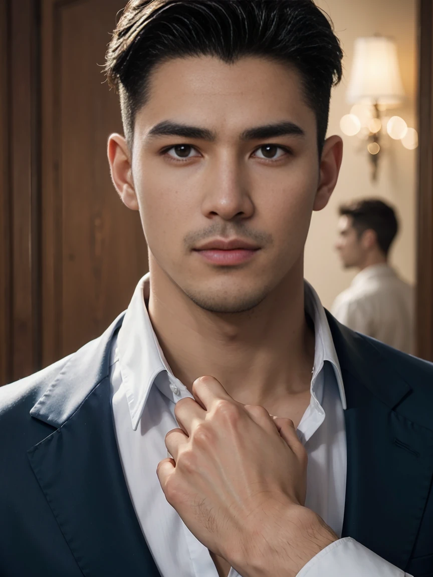 ((masterpiece)),((best quality)),8K,high detail,Very detailed, Very manly，3 men, like，fashion pose, Realistic skin texture, Light,
Royal blue style couple，Perfect hand details