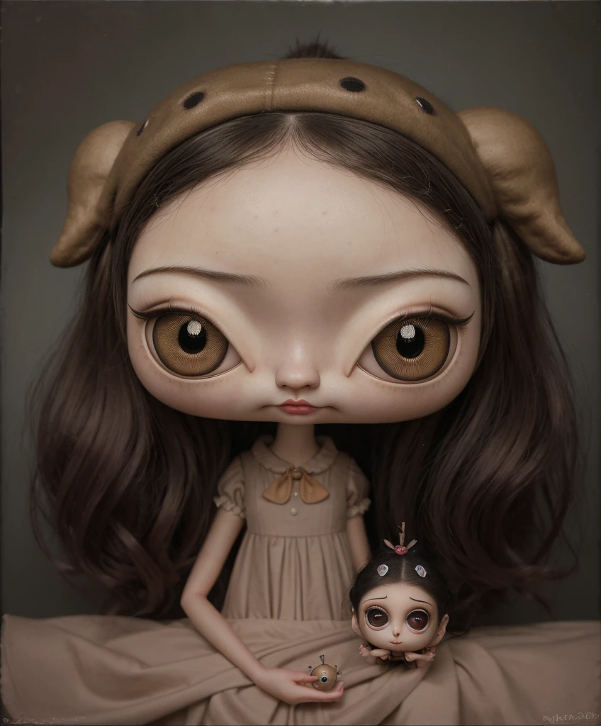 Painting of a girl with deer antlers on her head, Estilo Mark Ryden, Mark Ryden muy detallado, Estilo de Mark Ryden, Naoto Hattori, Surrealismo pop lowbrow, Mark Ryden en el estilo de, benjamin lacombe, Earley, Surrealismo pop Lowbrow Art Style, Arte lowbrow, por Mark Ryden, cute and beautiful, with puppet on their hands, cute, playing the puppet on their hands, cute, with eye bags, modern dress, painting, lowbrow chibi, sack puppet dog,