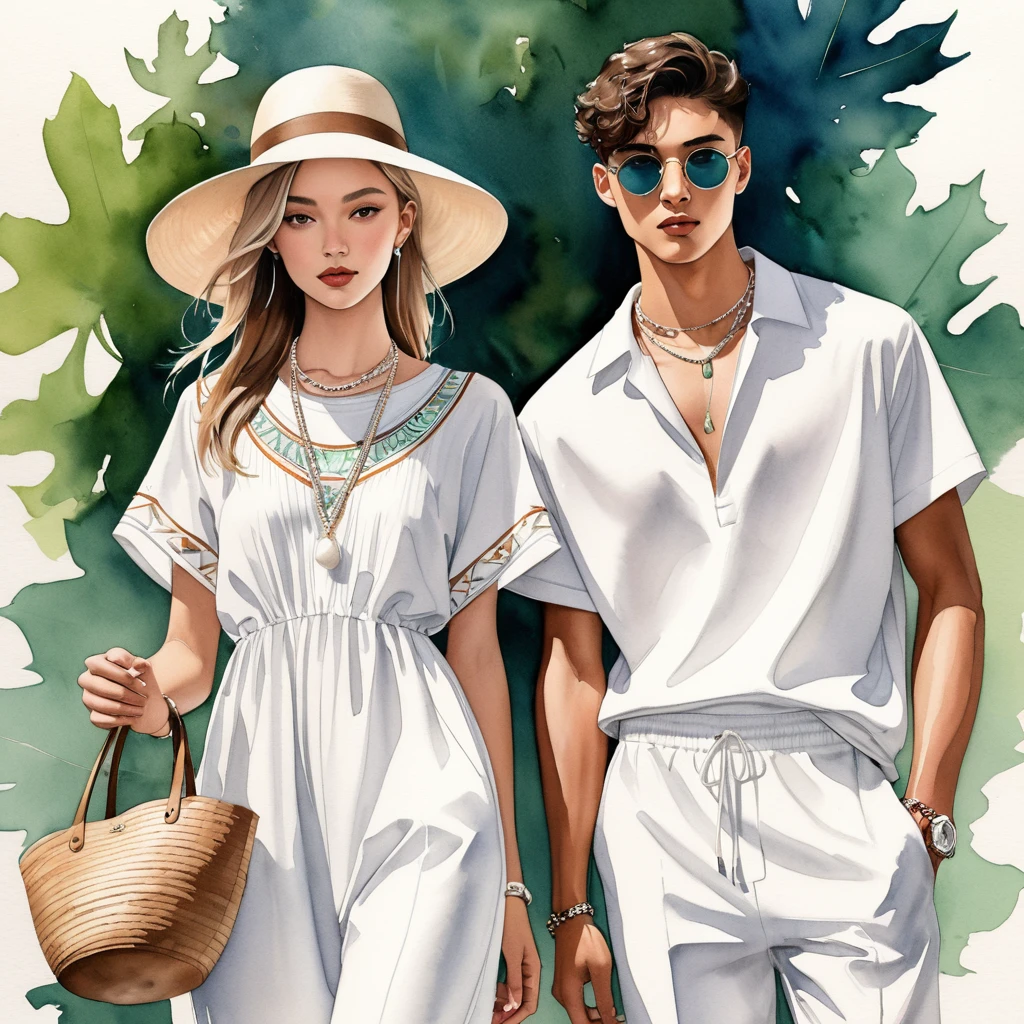 candid fashion illustration of young Mixed race man and woman, both aged 18 year old, ((showcase fashion look book in a Black and White rayon outfits)), inspired by BACKSTAGE resort collection 2023 in elegant young chic bohemian style. The man wears an oversized short-sleeved bowling white shirt with a minimal embroidery details, paired with relaxed-fit white Sports pants with Drawstring, He completes his look with white sneakers, round glasses. The woman complements him in a white Ankle-length dress in cotton woven fabric, Smocked details to creating gathers technique, Her ensemble includes an accessorizes with a brimmed straw bag, wood necklace and white sneakers and necklace. Captured in a low angle, ((full-body image)), ((light green leaf water color background)), sketching, realistic drawing, ((imperfect water color drawing)), fashion look book, fashion illustrator, sketch design,