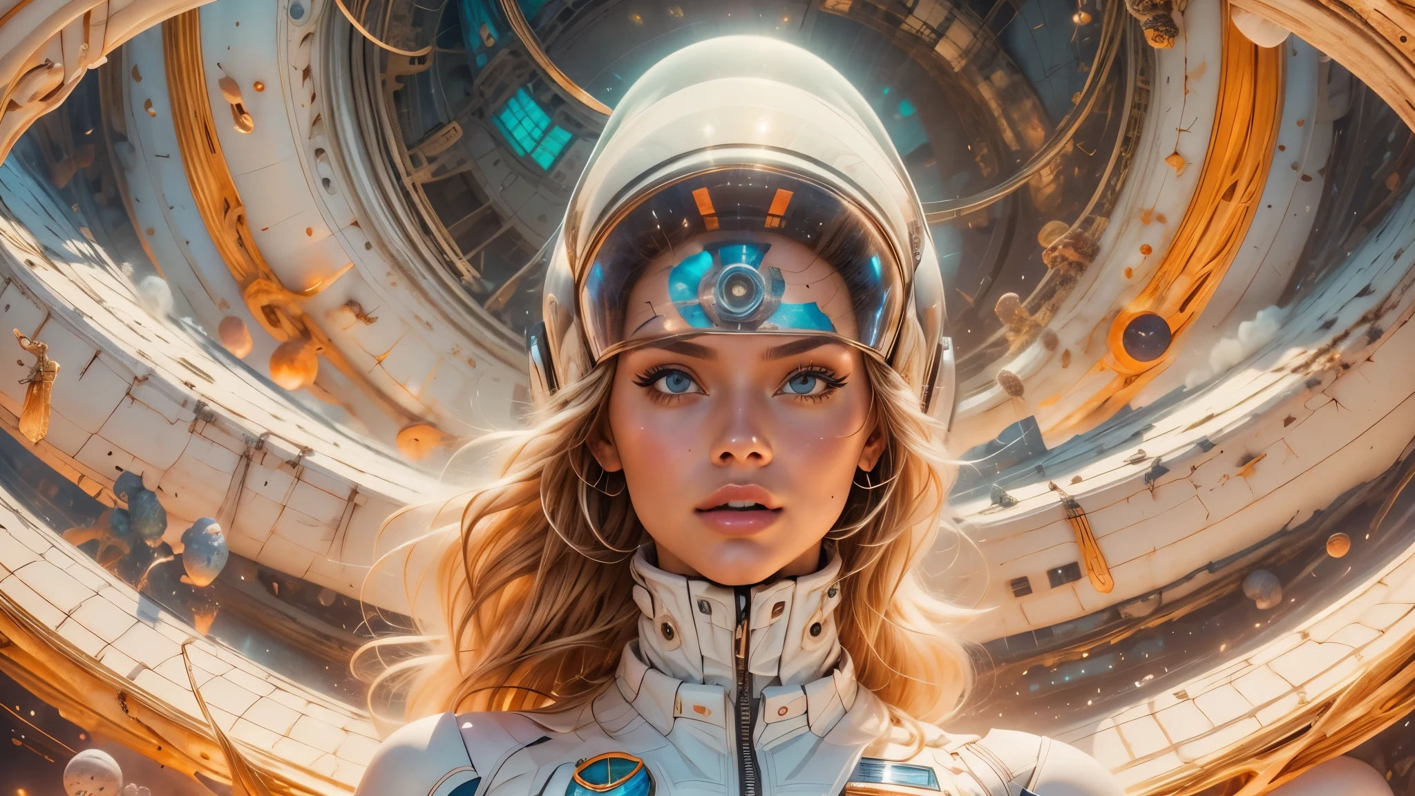 arafed image of a white woman in a futuristic suit with a spaceship in the background, movie art, in front of an orange background, inspired by Robert McGinnis, female protagonist, megastructure in the background, portrait of an ai astronaut, astronauts, an astronaut, portrait of a astronaut skeletor, perfect android girl, Highly Detailed Face and Skin Texture, Detailed Eyes, Double eyelids, perfectly detailed teeth, frank franzzeta and sakimichan  