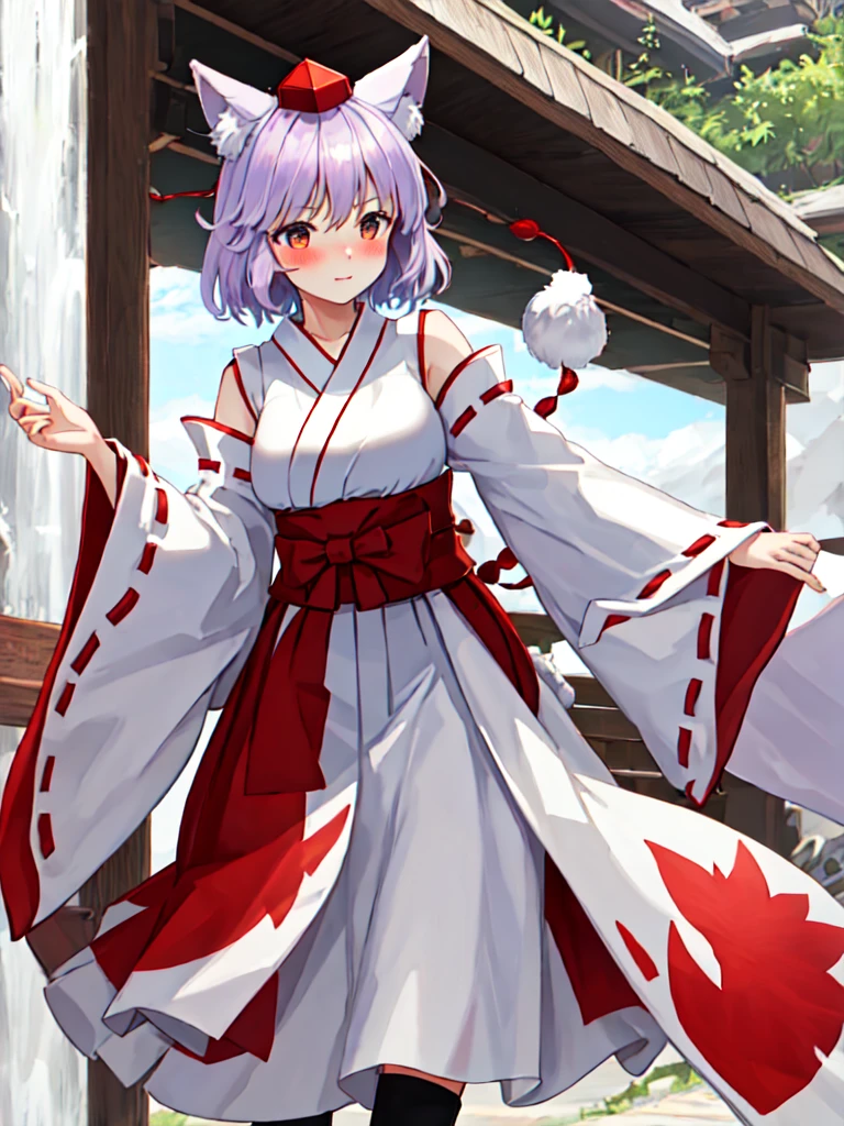 best quality, masterpiece, highres, solo, {white kimono:1.35}, {red hakama:1.35}, {wide sleeves:1.20}, {inubashiri_momiji_touhou:1.15}, animal_ears, wolf_ears, short_hair, green_eyes, light _purple_hair, hat, tokin_hat, blush, breasts