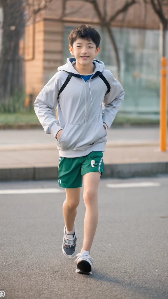 12-year-old boy,Smile，Spread your white and slender legs，jogging，full body，8K(nsfw:1.5)
