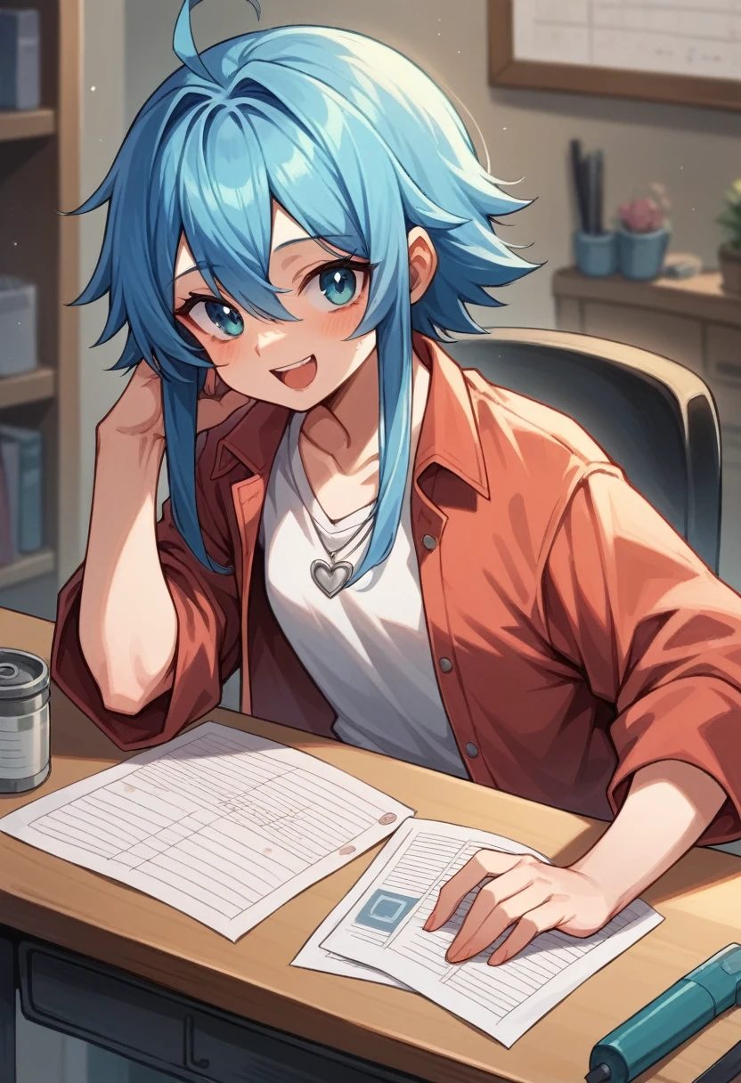 a tiny virtual woman augmented into the reality on a working desk. Slouchy Tencel jumpsuit with dropped crotch, oversized organic cotton chambray shirt,The virtual woman is rendered by iOS realityKit framework , with a beautiful face, cute and dreamy expression, and a happy expression