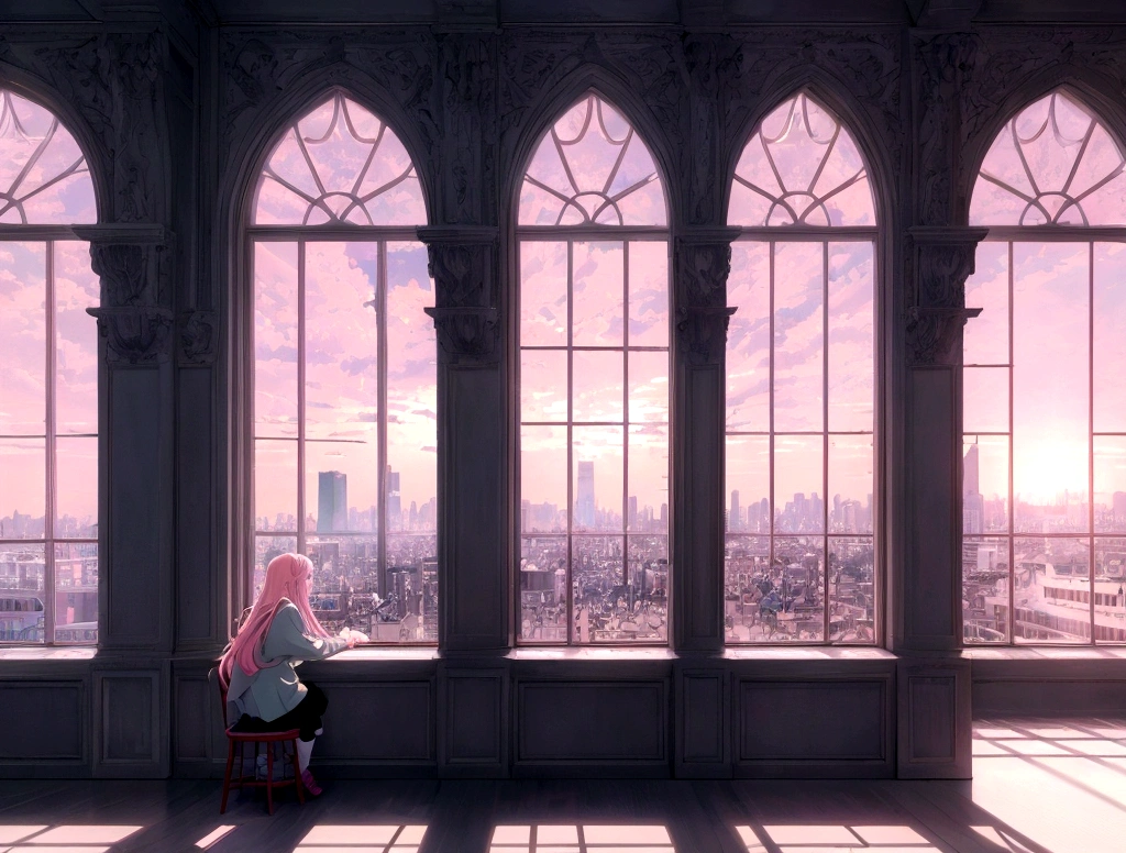 Absurd, High resolution, (Official Art, beautifully、aesthetic:1.2), Sit by the window and look outside, girl, light pink long hair, Lo-fi Girl, Bright Sky, A vast world, Awe-inspiring expressions,  Kaisei and Artgelm, Anime atmosphere, Lofi Artstyle, Anime Style 4k, Anime Aesthetics, Lo-fi feeling, Lofi Art, anime art wallpaper 4k, An atmosphere of praise, Rooms with large windows, Emotional cityscape, city room