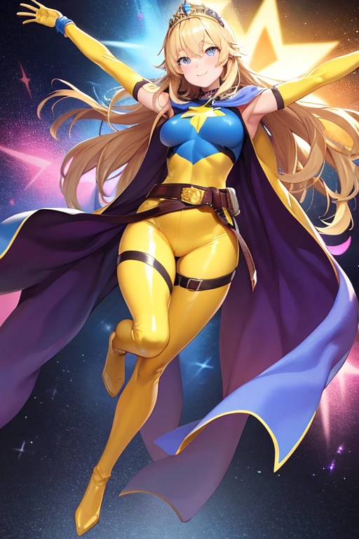 ((best quality)), ((masterpiece)), (detailed), 1 girl, Full body, 19 years old, White skin, Smiling face, Blue eyes, Star shaped tiara, Arms outstretched, Arms behind waist, Masked face, Eye mask, Superhero mask, blue mask, Blushing, Blonde hair, Straight hair, Long hair, Bangs, 2 star clips on the sides of hair, Full body, Medium breasts, Slim body, Hands with yellow stars on them, Wrist bands, Long yellow gloves, Purple gloves, Superhero costume, Superheroes, Full body entirely yellow suit, With a big yellow star in the center, Star emblem, Somewhat tight, Long yellow cape on waist, Red belt, Thighs with tights purple, purple boots, flying, city background, anime