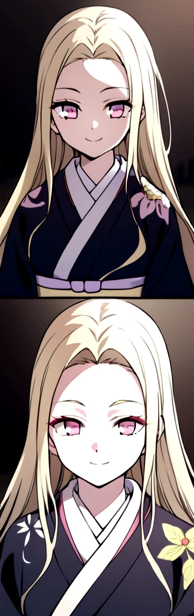 a girl, light blonde long hair, pink eyes, light yellow eyelashes, wearing a kimono, smiling. Kimetsu no Yaiba