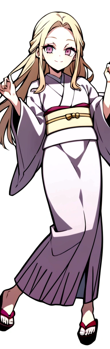 a girl, light blonde long hair, pink eyes, light yellow eyelashes, wearing a kimono, smiling. Kimetsu no Yaiba 