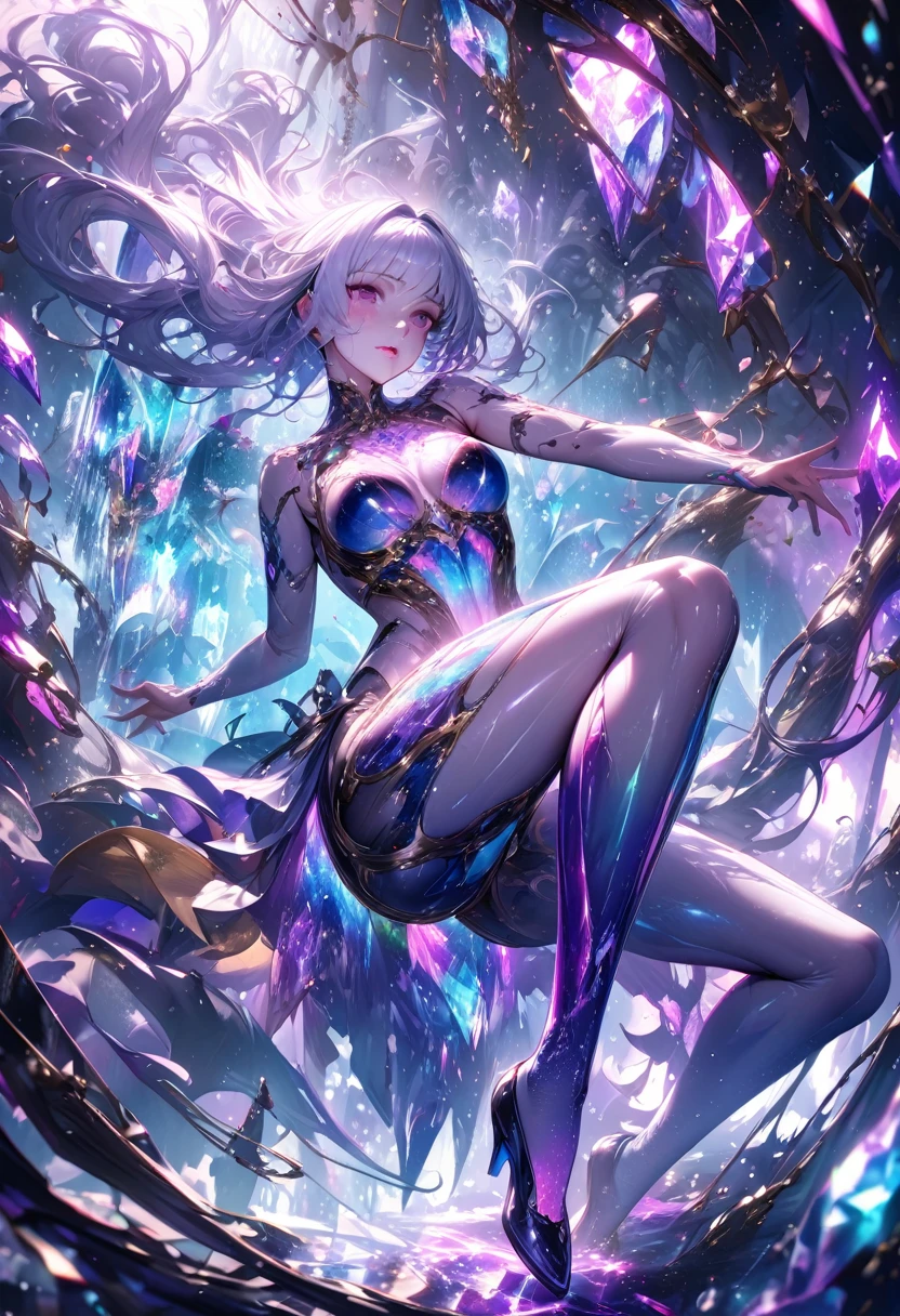 crystal covered, （Full body ：1.3） side shot, alternate color, masterpiece, detailed illustration, realistic, pixiv top quality, exquisite, {{{kawaii 1girl}}}, ultra beauties who fuse with machines, glitter beautiful female, Half of my body is made of machines, transparent glass body, The machines inside the body are transparent, cinematic lighting, dynamic angle, dynamic pose, crystal world, depth of field，Shiny socks，shiny shoes，Crystal stockings
