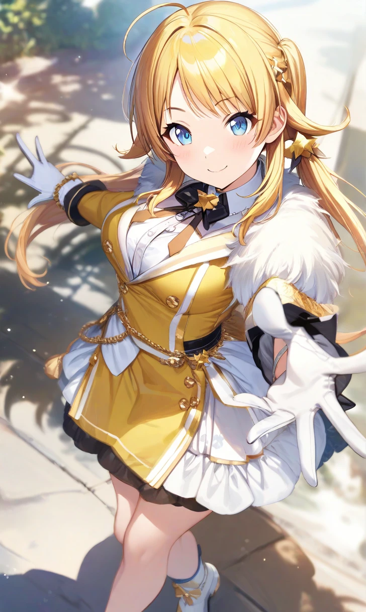 (masterpiece),(best quality),(ultra-detailed),(best illustration),(best shadow),(absurdres),(detailed background),(very aesthetic),  meguru hachimiya, 1girl, blonde hair, solo, blue eyes, gloves, skirt, smile, white gloves, white background, looking at viewer, twintails, simple background, long hair, ahoge, fur trim