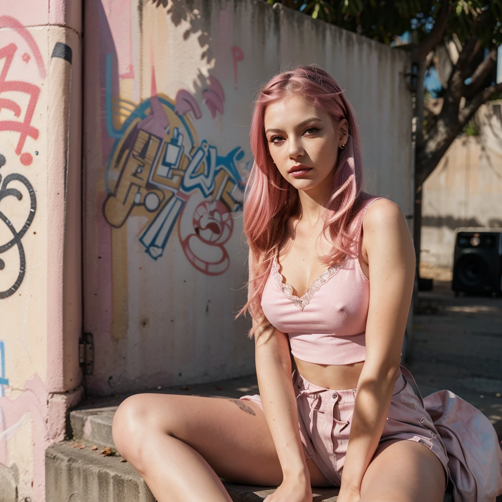 tattooed full body, fine and delicate woman, photo portrait, realistic, pink eyes, long eyelashes, almond-shaped eyes, red lips, punk rap style, seductive neckline, pink cotton blouse. intricate details, vivid details, detailed skin, detailed body, vivid colors, bokeh, long pink hair, colorful hair, listening to music, dj, cute figure. sitting thinking, thoughtful, sitting leaning on a wall with GRAFFITI images.