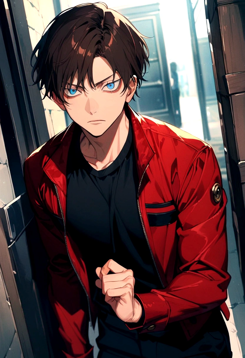 serious man, Brown hair, short hair and hairstyle, Blue eyes, light tan. black shirt, red jacket , black pants. hunter eyes. estilo jujutsu kaisen