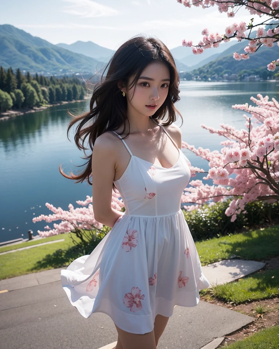 Beautiful Japanese waifu, early 30s, brunette hair, white dress with floral patterns