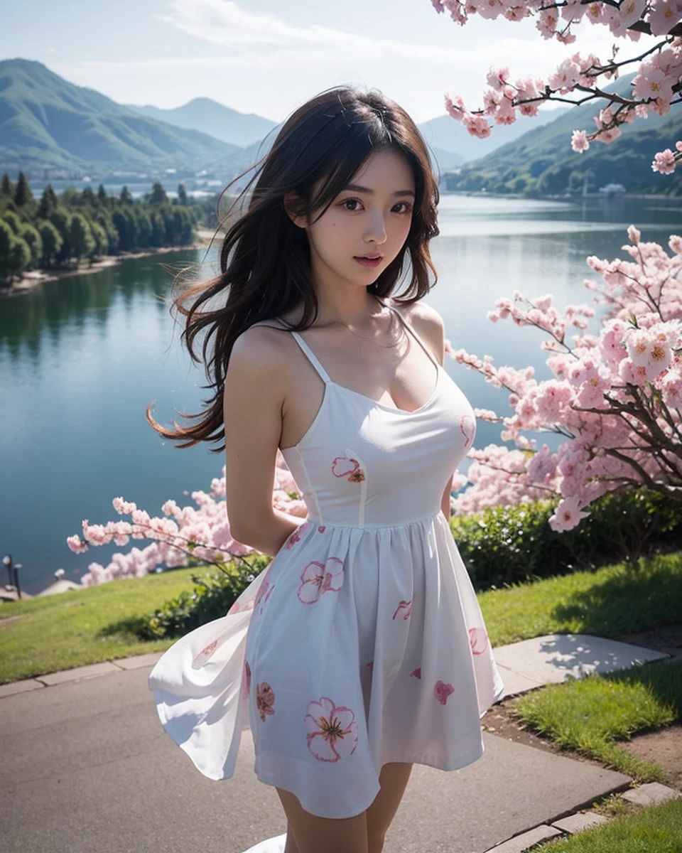 Beautiful Japanese waifu, early 30s, brunette hair, white dress with floral patterns