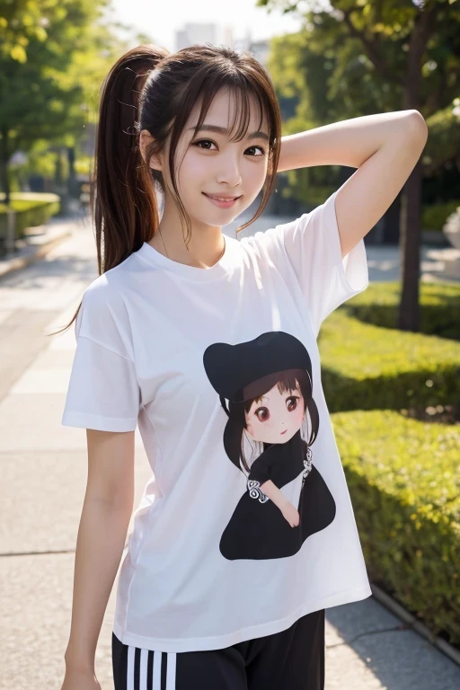 Produce the highest quality and highest resolution 8K images。Please draw the upper body of a 20 year old Japanese woman.。Please draw an image of a happy stroll through a park at sunset.。She has brown eyes and a model figure.、She has an idol-level cute face.。The hair is in a ponytail。What to wear、Black short sleeve T-shirt and pants。Skin has a healthy color。