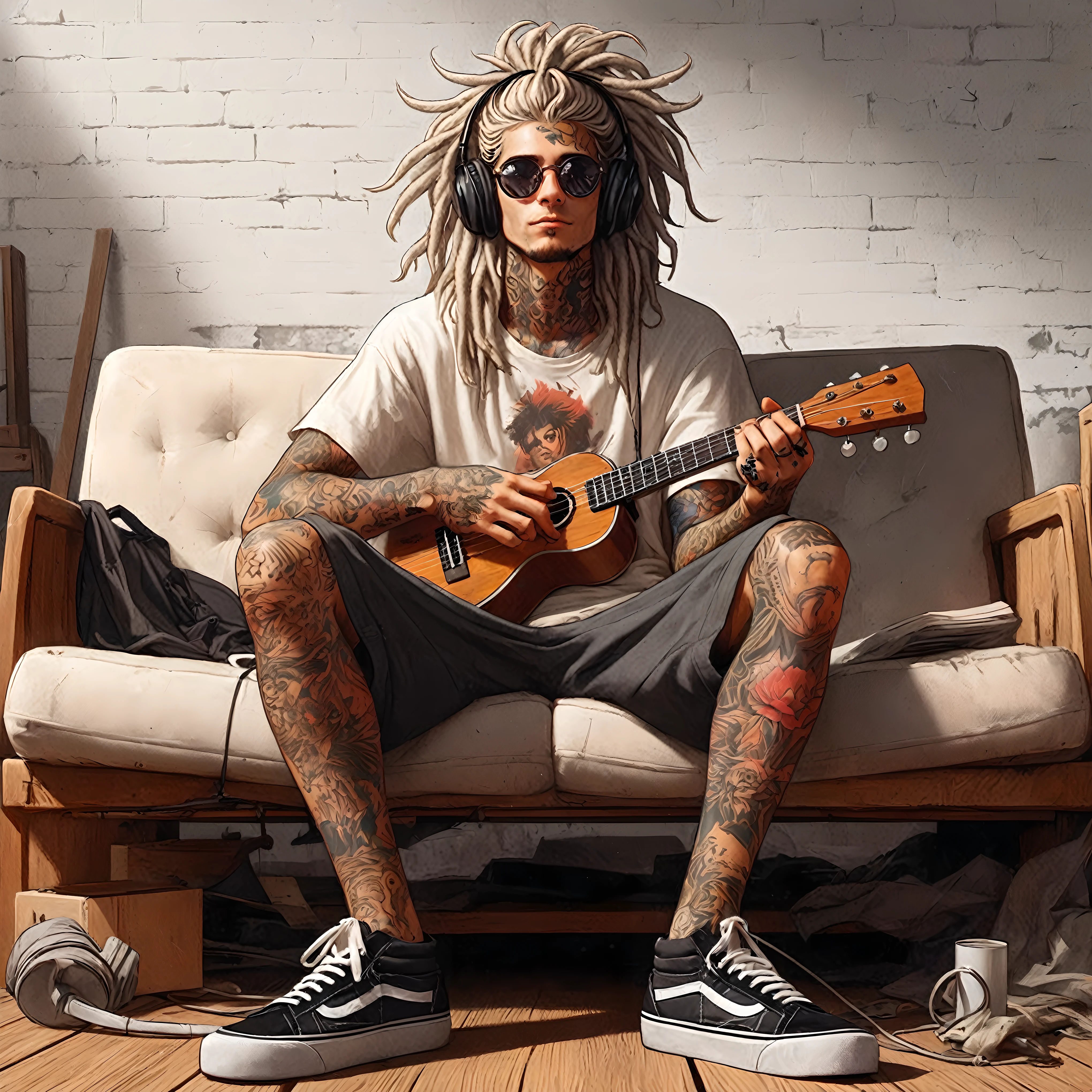 arafed man with dreads and guitar sitting on a couch, tattooed man, dreads, musician, extremely high quality artwork, hipster, tattoo style, artwork in the style of guweiz, hippy, guitar solo, guitarist, ukulele, zen méditation cyberpunk, man playing guitar, album art, dreadlocks, official artwork, woodpunk, with tattoos