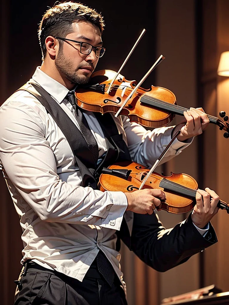 crew cut, (((full body))), (((landscape))), mature man, [slightly fat], asian man, rounded face, brown eyes, ((rounded face)), glasses, balding, 1boy, Solo, (big shoulders), musculature, (((stubbles, Short beard))),  white shirt, suit and tie,  playing violin, performance, playing violin,