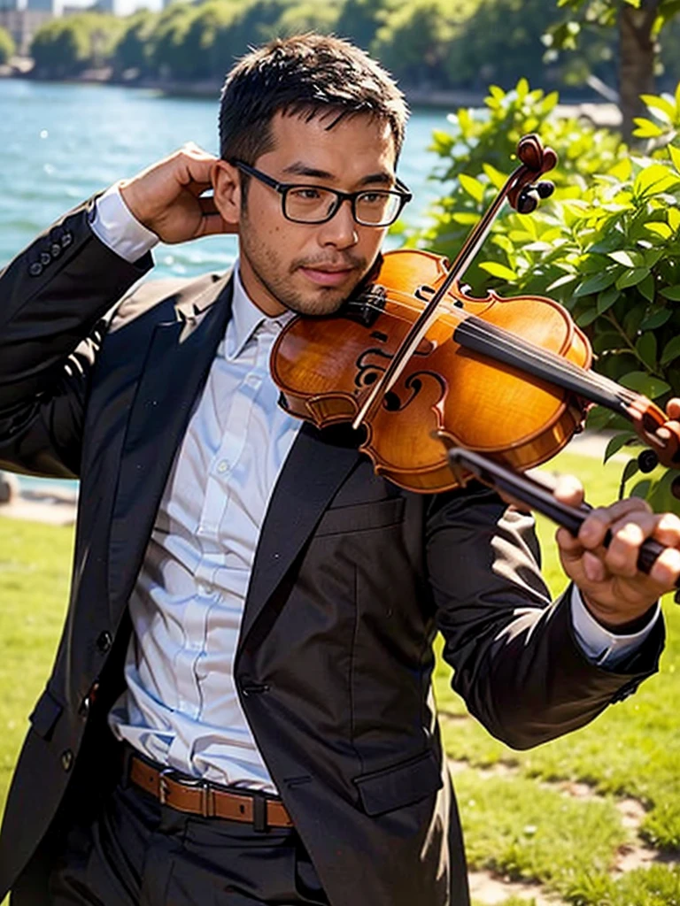 crew cut, (((full body))), (((landscape))), mature man, [slightly fat], asian man, rounded face, brown eyes, ((rounded face)), glasses, balding, 1boy, Solo, (big shoulders), musculature, (((stubbles, Short beard))),  white shirt, suit and tie,  playing violin, performance, playing violin,