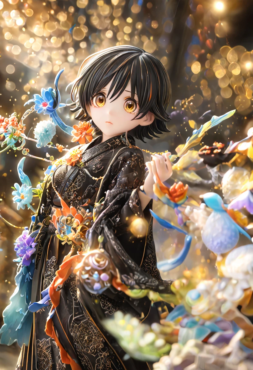 Highest quality, very good, 16K, Ridiculous, Very detailed, Black short hair, Red flower hair ornament, Yellow Eyes, He is wearing a black kimono with a spider web painted on his shoulder., Background Space（（A masterpiece packed with fantasy elements）））， （（Highest quality））， （（Intricate details））（8K）