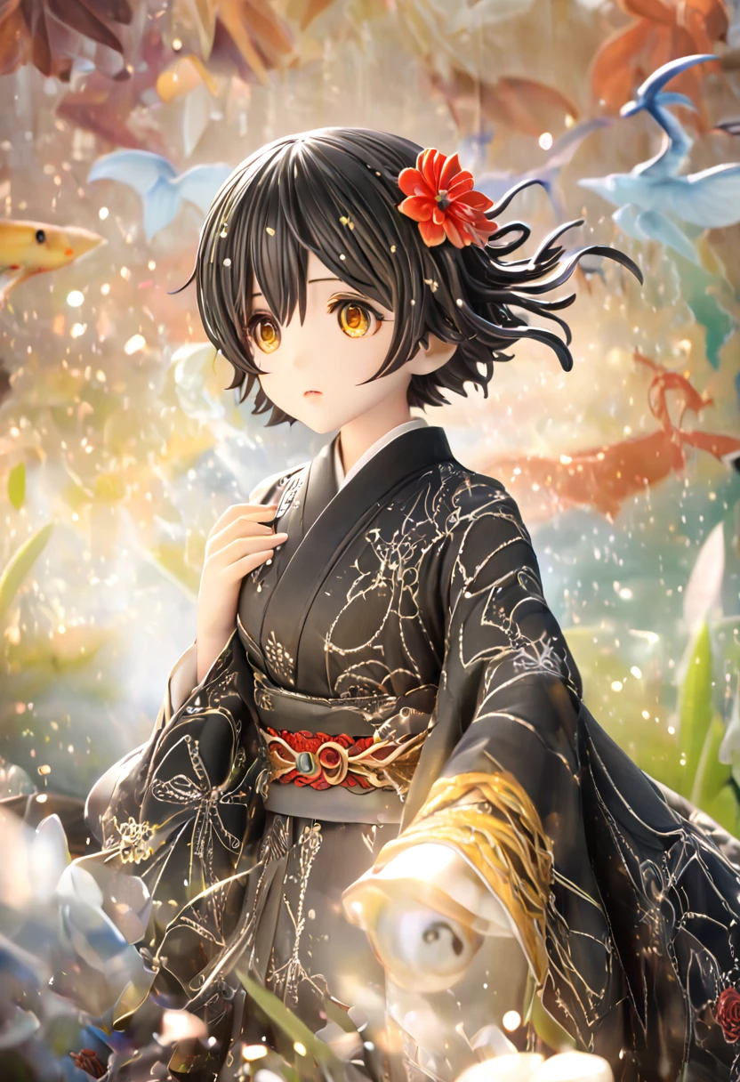 Highest quality, very good, 16K, Ridiculous, Very detailed, Black short hair, Red flower hair ornament, Yellow Eyes, He is wearing a black kimono with a spider web painted on his shoulder., Background Space（（A masterpiece packed with fantasy elements）））， （（Highest quality））， （（Intricate details））（8K）